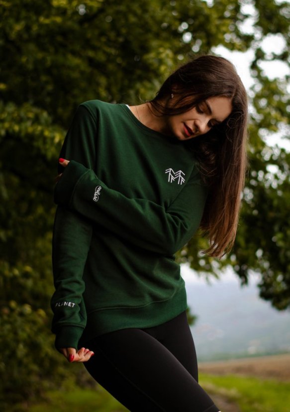 Unisex tmavě zelená mikina z bio bavlny, s výšivkou PLANET - Barva: Tmavě zelená, Velikost: S