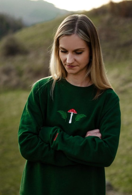 Unisex zelená mikina z bio bavlny, s výšivkou LES - Barva: Tmavě zelená, Velikost: S