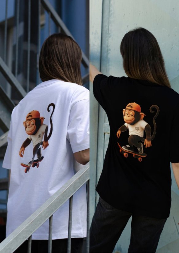 Unisex bílé / černé triko, s potiskem OPIČÁK FREDDY - Barva: Bílá, Velikost: S