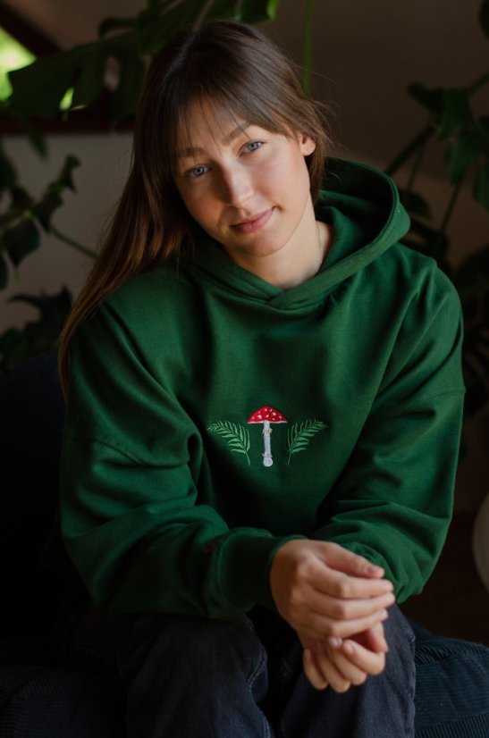 Unisex zelená mikina z bio bavlny, s výšivkou LES - Barva: Tmavě zelená, Velikost: XL