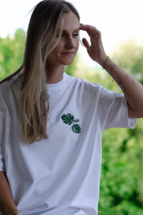 Unisex bílé triko, s výšivkou MONSTERA DELICIOSA - Barva: Bílá, Velikost: S