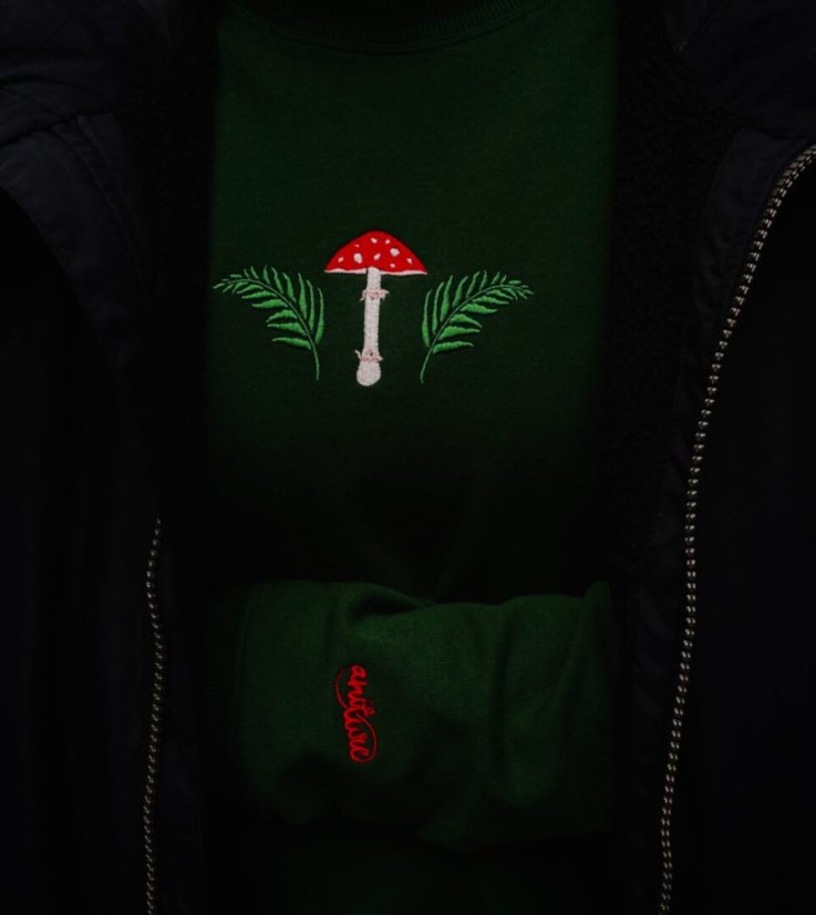 Unisex zelená mikina z bio bavlny, s výšivkou LES - Barva: Tmavě zelená, Velikost: S