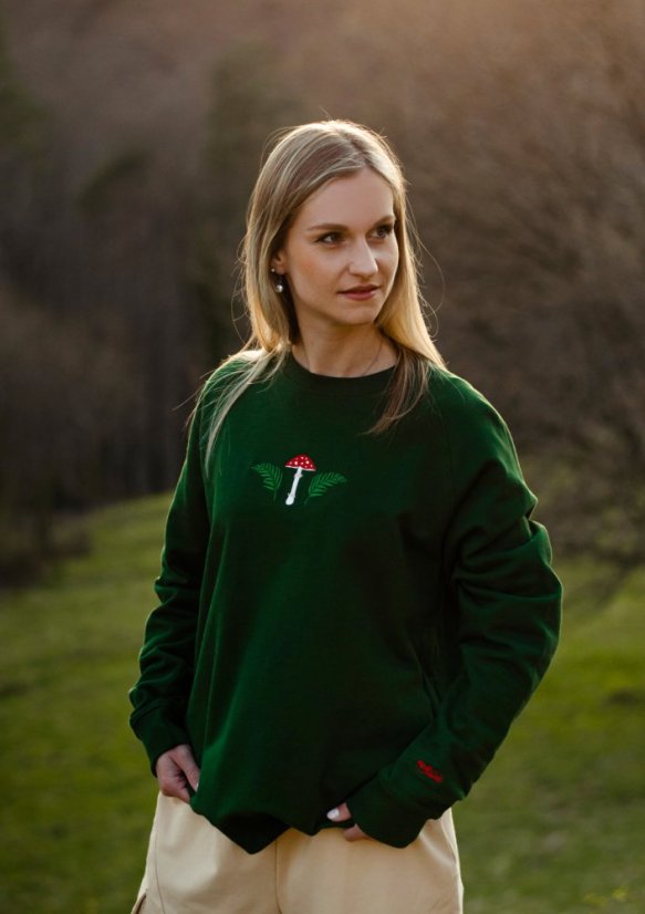 Unisex zelená mikina z bio bavlny, s výšivkou LES - Barva: Tmavě zelená, Velikost: S